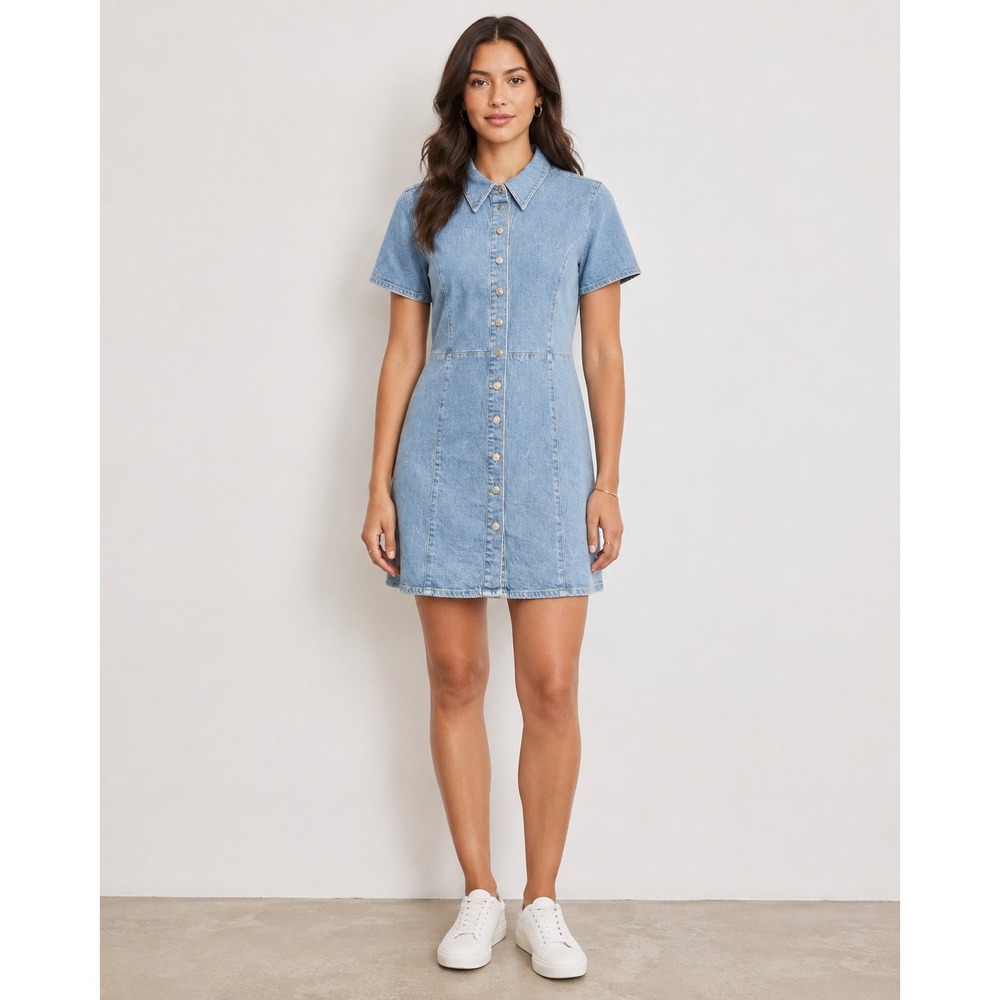 ASOS DESIGN Tall Blue Denim Mini Dress Short Sleeve Button Front US 16 11270489